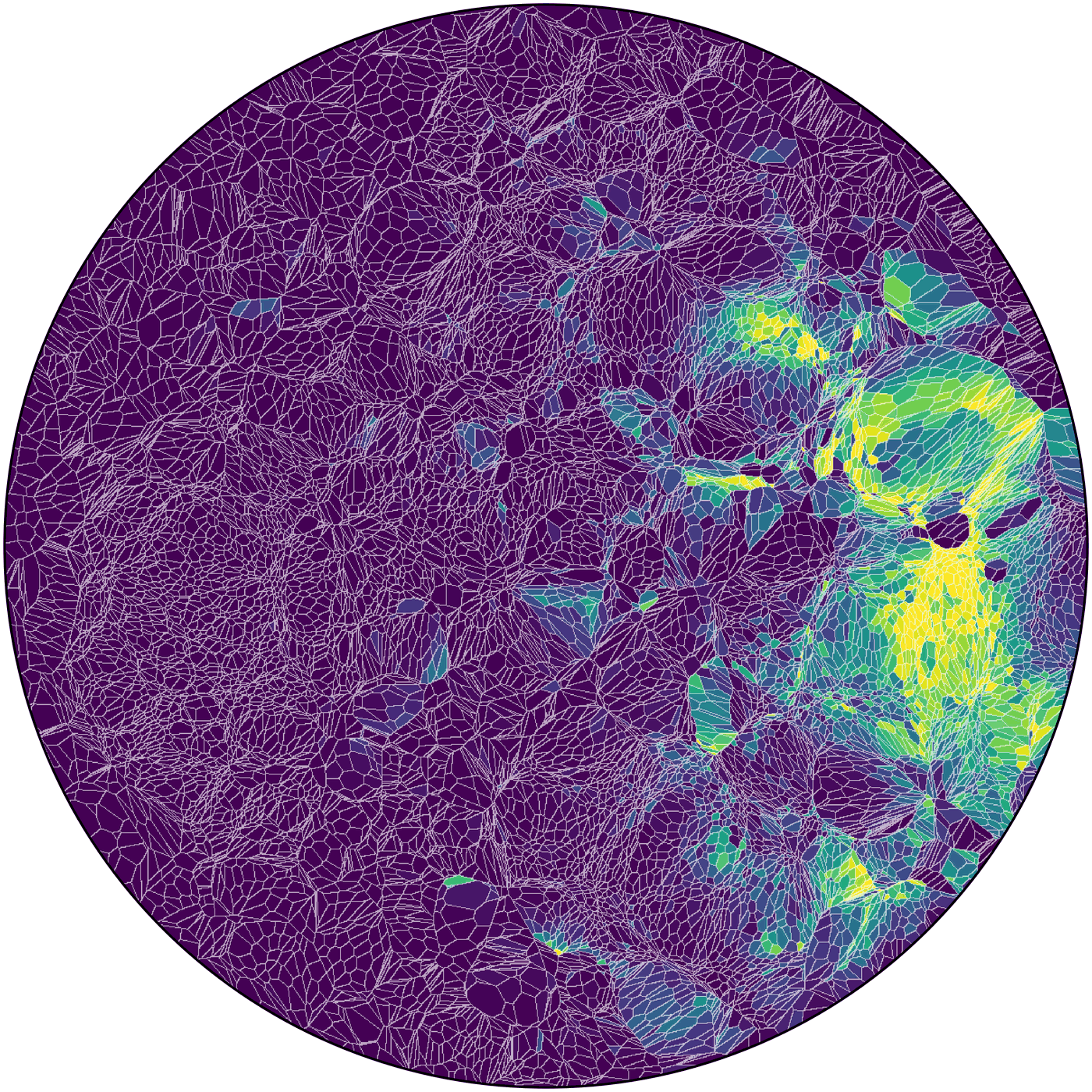 Voronoi map of the UniProt protein universe coloured by mean Random Neighbor Score, showing regions of high and low protein language model uncertainty